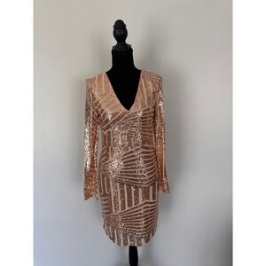 Miss Ord Rose Gold Sequin Geometric V-Neck Long Sleeve Bodycon Mini Dress Medium